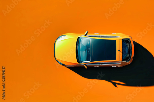 Sleek electric car top view on a bold orange and black backgroun