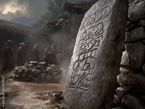 Celtic Tribal Council Gathering Around Weathered Inscribed Limestone Standing Stone