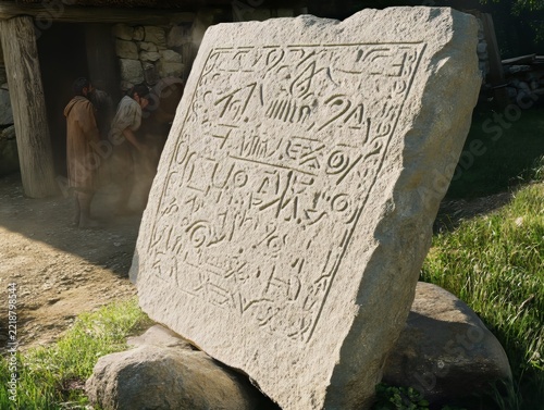 Ancient Celtic Stone Stela Inspection Inside Misty Iron Age Settlement