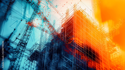 A vibrant construction site showcases cranes and scaffolding, hi