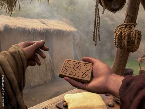 Archaeological Style Closeup of Weathered Tablet During Ancient Trade Exchange