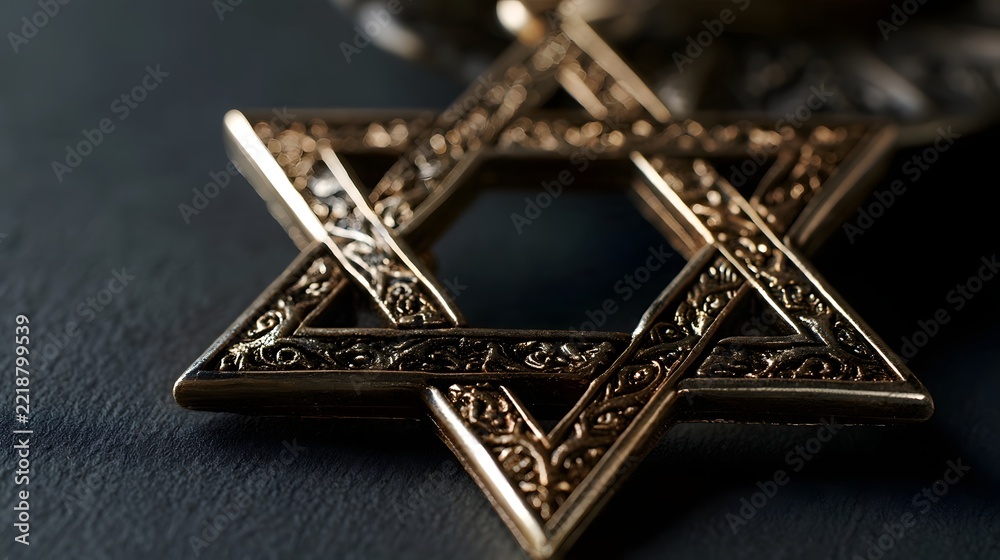Fototapeta premium A detailed Star of David pendant with ornate engravings resting on a dark textured surface under soft lighting