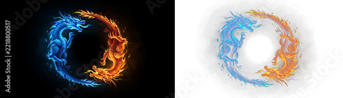 Two mystical dragons in a circular yin yang formation, one made of blue ice flames and the other of orange fire, representing balance of elements isolated on transparent background