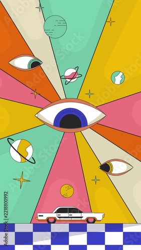 Retro-futuristic psychedelic car ride lofi vertical animation. 70s sunburst cosmic eyes with floating planets and vintage auto. Animated looping scene for reels. Flat cartoon mobile live wallpaper