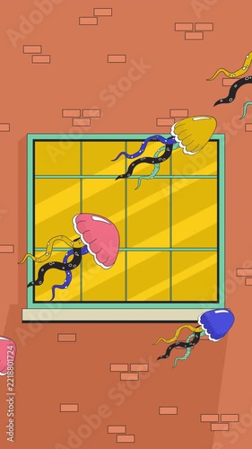 Surreal jellyfish drifting outside window brick wall lofi vertical animation. Urban fantasy. Sea life floating past apartment facade. Animated looping scene. Flat cartoon mobile live wallpaper