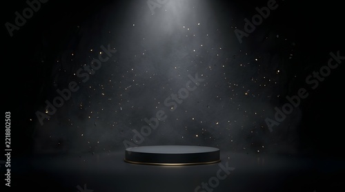 Empty black product display podium illuminated by a single spotlight against a dark background with floating particles
