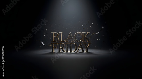 Black friday text made of dark metallic letters on a spotlighted dark background with floating particles