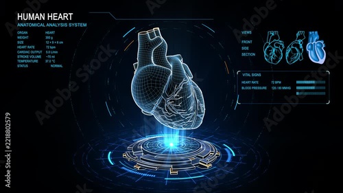 Futuristic 3D medical interface featuring a beating human heart, anatomical visualization, ECG, blood flow, vital signs, oxygenation and cardiovascular data.