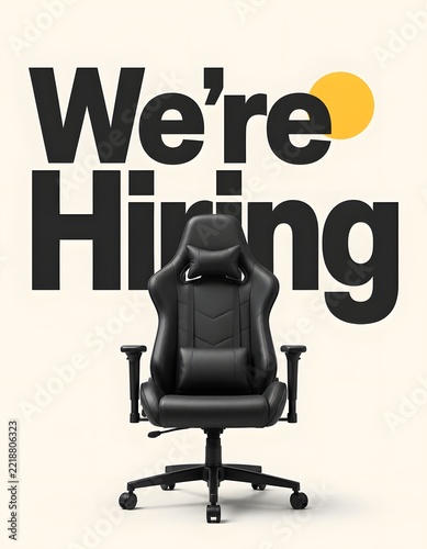 Bold We’re Hiring Typography with Black Office Chair on Cream Background