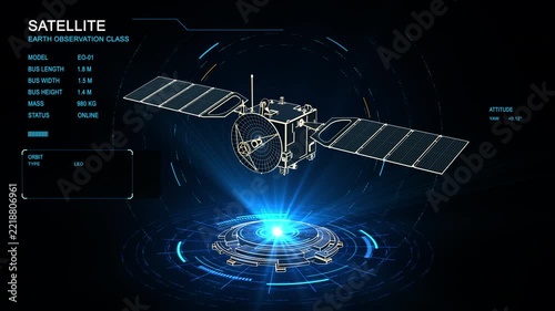 Futuristic 3D satellite interface featuring an Earth observation satellite, solar panels, orbital data, telemetry, communication systems and holographic HUD elements.