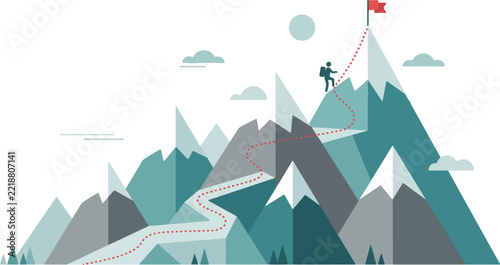 Mountain Climbing Success Concept with Hiker Reaching Summit and Red Flag, Adventure and Achievement Illustration