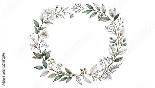 Delicate watercolor botanical wreath with fresh green leaves and white blossoms, creating an elegant frame perfect for wedding invitations, greeting cards, or decorative design elements