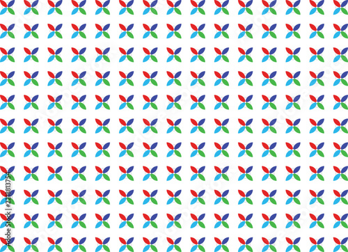 Geometric pattern features a colorful repeated arrangement of abstract floral shapes on a clean white background.