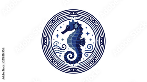 Seahorse Vector Emblem Design in Blue Circular Marine Style