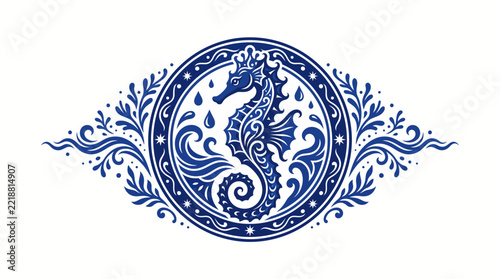 Seahorse Vector Illustration Blue Ornamental Icon Marine Animal