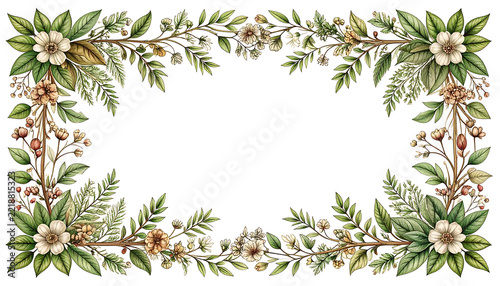 Hand-drawn delicate botanical frame with lush green leaves, elegant white blossoms, and rustic branches, creating a beautiful natural border for invitations and designs