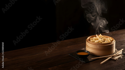 Steaming Dumplings in Bamboo Steamer: A delicious serving of steaming dumplings in a traditional bamboo steamer, accompanied by a dipping sauce and chopsticks.