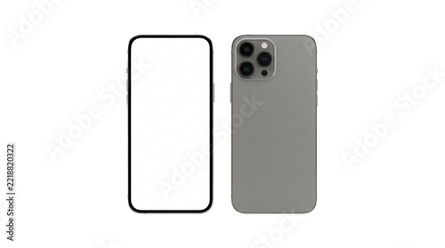 Two views of a modern smartphone shown front and back, front displays blank screen, back shows camera array on a grey textured surface, isolated on white