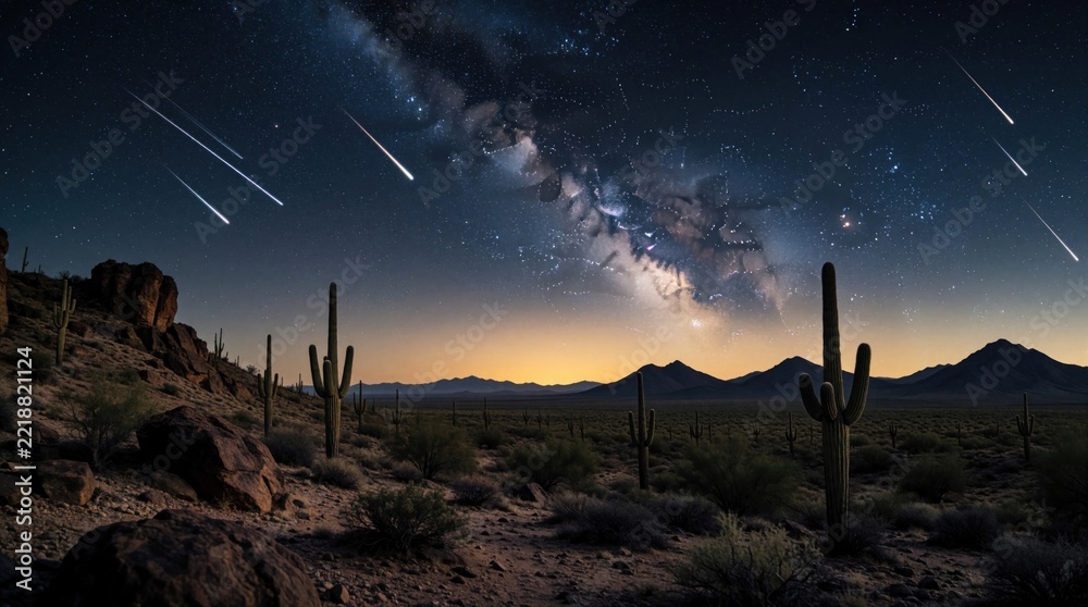 Fototapeta premium Night sky over desert with Milky Way galaxy, shooting stars. Silhouettes of saguaro cacti, mountains under bright starry cosmos. Beautiful celestial view of meteor shower over arid wilderness at