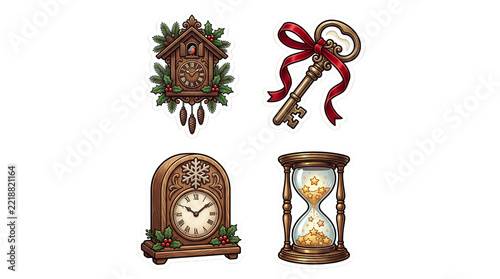 Set of four vintage Christmas timekeeping icons with wooden clocks and golden key on transparent background