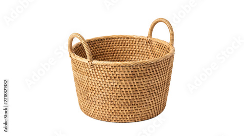 Woven natural fiber basket with two handles, ideal for home organization, storage, and decor, detailed texture