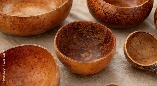 Handcrafted carved wooden bowls, spoons and ladles with carving tools arranged on a rustic neutral fabric