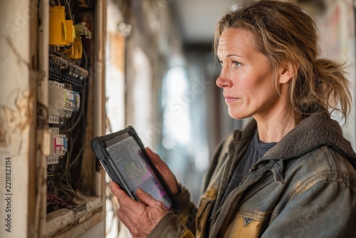 Electrician using tablet with AI diagnostics to inspect fuse box in modern home