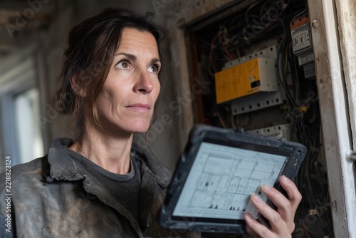 Electrician using tablet with AI diagnostics to inspect fuse box in modern home