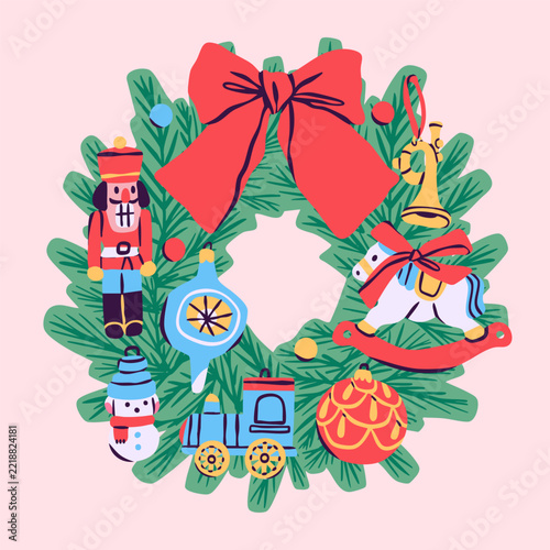 Christmas Wreath with toys, red ribbon bow. Green pine, spruce wreath with festive traditional xmas or new year decorations. Hand drawn trendy Vector illustration. Isolated design element