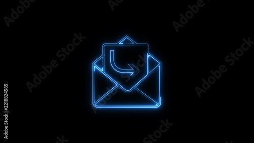 Blue neon open envelope with outgoing arrow on black background email message