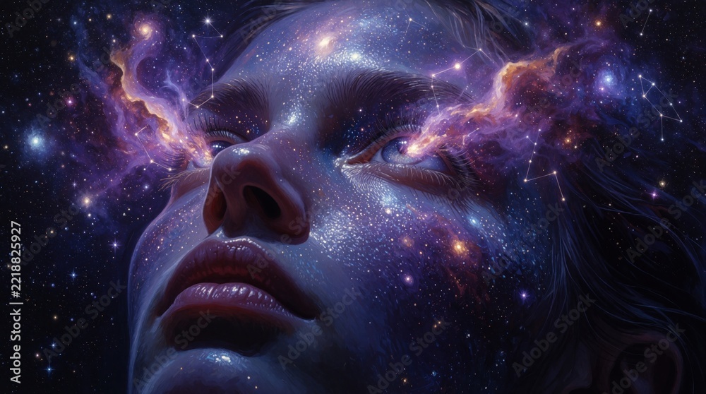 Fototapeta premium Surreal digital art of woman face merging with cosmic nebula. Beautiful galaxy stars, colorful space clouds flow from eyes. Mystical portrait represents spiritual consciousness, meditation, inner