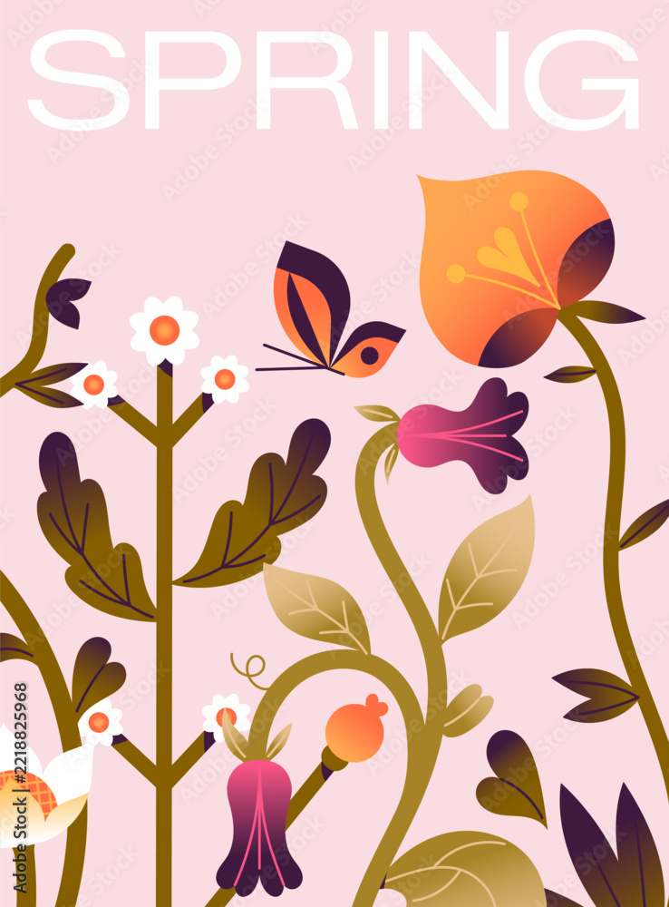 Fototapeta premium Design of poster with abstract spring flowers. Spring poster. Card template with floral pattern. Background of postcard with wildflowers. Design with blooming nature. Floral pattern of cover