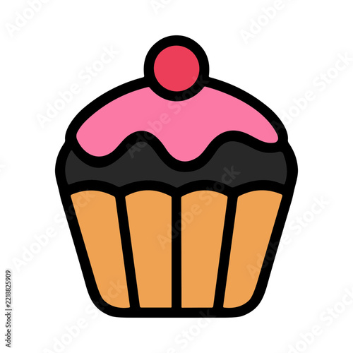 Colorful Cupcake with Pink Frosting and Cherry Topping on Black Background