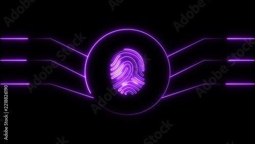Neon Purple Fingerprint Icon With Circuit Board Lines biometric security