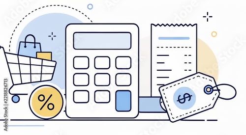 Flat line art of a calculator, shopping cart, receipt and price tag illustrating shopping, pricing, discounts and budgeting
