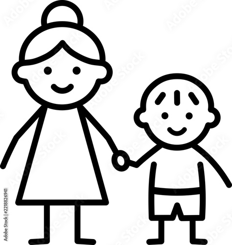 Grandmother and Grandson Holding Hands Line Icon