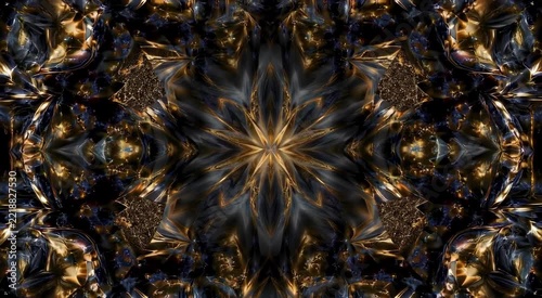 Black and gold kaleidoscopic mandala with glossy metallic facets and ornate geometric symmetry