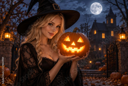 Beautiful Blonde Witch Holding Carved Glowing Jack-o'-Lantern Pumpkin In Front of Haunted House Under Full Moon