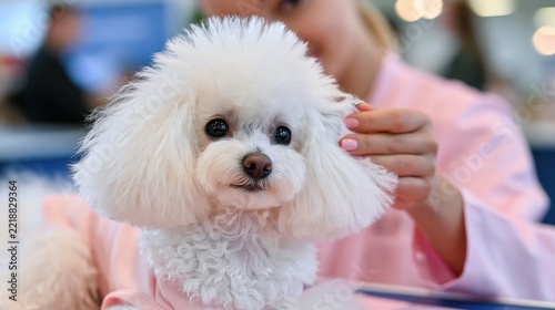 Fluffy white dog gazes with calm, dark eyes