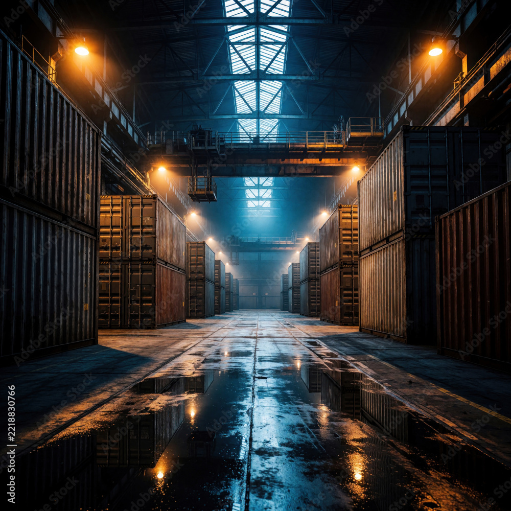 Fototapeta premium Empty industrial warehouse with tall metal shipping containers. Dramatic blue, orange lighting shines on wet concrete floor. Large steel structures, massive storage space create deep perspective in