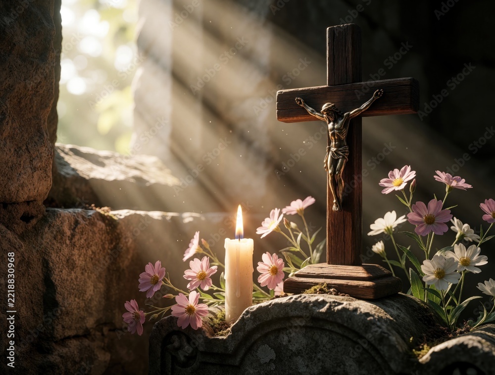Fototapeta premium Wooden crucifix stands on old stone grave. Lit candle, pink cosmos flowers decorate tombstone. Soft sunlight rays shine through ruins. Christian symbols for mourning, prayer, memory of deceased