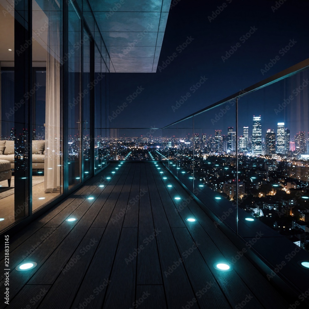 Fototapeta premium Modern luxury balcony with LED floor lights at night. Dark wooden deck, glass railing offer view of glowing cityscape skyline. Highrise apartment terrace overlooks urban buildings under dark sky.