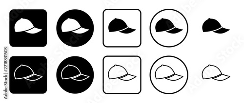 Set of ten baseball cap icons in filled and outline styles, plain or inside rounded squares and circles. Illustration on transparent background