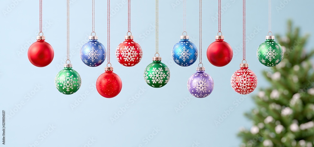 Fototapeta premium Holiday sale banner places suspended decorative baubles above a cozy winter backdrop, creating visual hierarchy for seasonal promotional messaging.