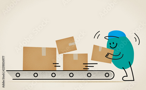 Warehouse packing worker sorting parcels on conveyor belt illustration