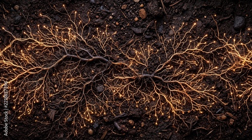 A network of plant roots spreads across dark rich soil with numerous fine rootlets root system