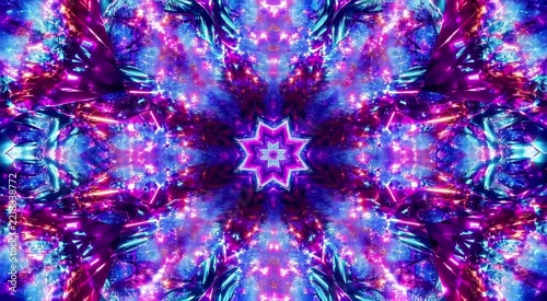 Vibrant neon kaleidoscope with symmetrical starburst geometry in pink, purple and electric blue, futuristic cyberpunk light tunnel