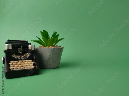 A miniature black vintage typewriter stands next to a potted succulent in a concrete planter on green