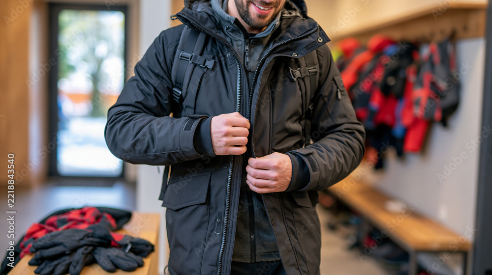 Obraz premium Person fastening a warm winter jacket before leaving home, gloves and scarf resting on a hallway bench, cold daylight entering through the doorway, seasonal clothing preparation, realistic lifestyle