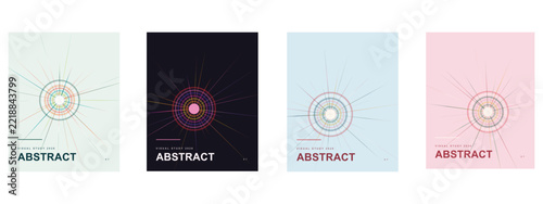 Collection of abstract graphic designs with circular radial motifs and thin lines, versatile templates for modern business reports or posters